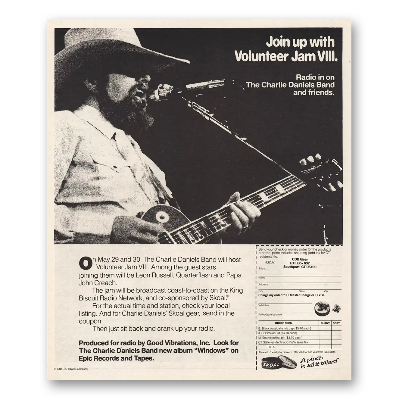 1982 Skoal Smokeless Tobacco Volunteer Jam VIII Promo Charlie Daniels Promo Vintage Magazine Print Ad