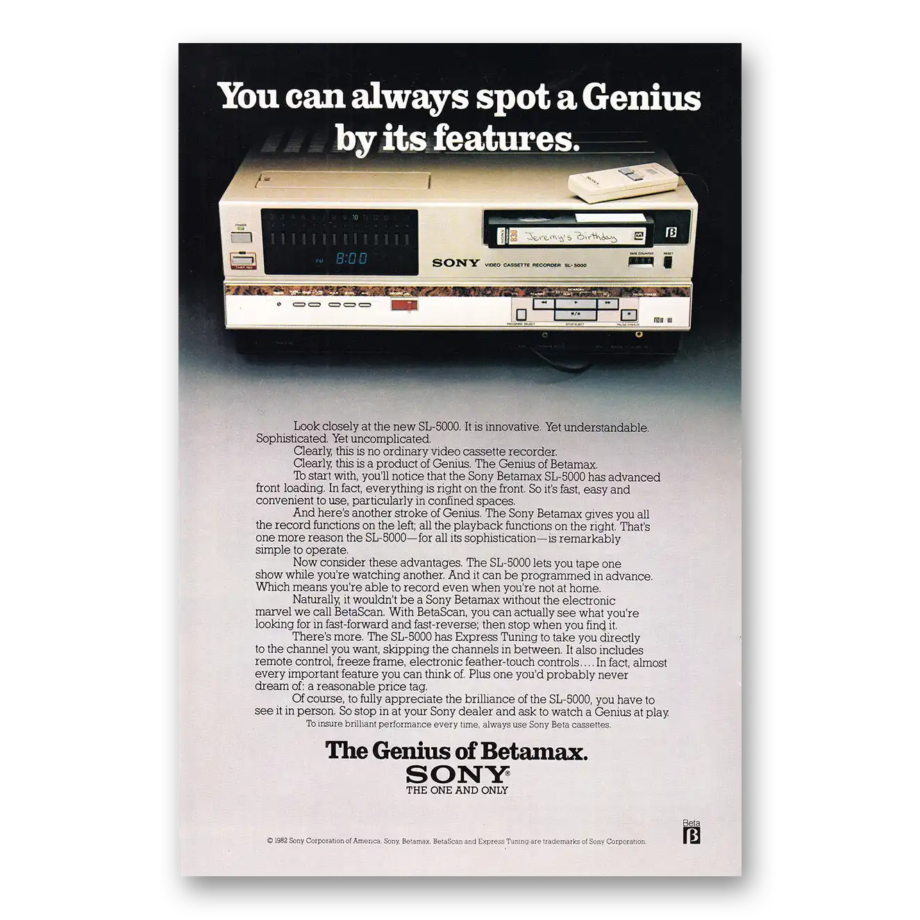 1982 Sony Betamax You Can Always Spot a Genius Vintage Magazine Print Ad