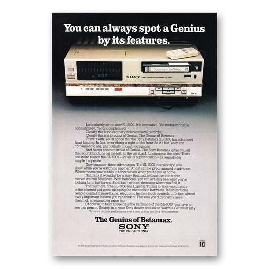 1982 Sony Betamax You Can Always Spot a Genius Vintage Magazine Print Ad