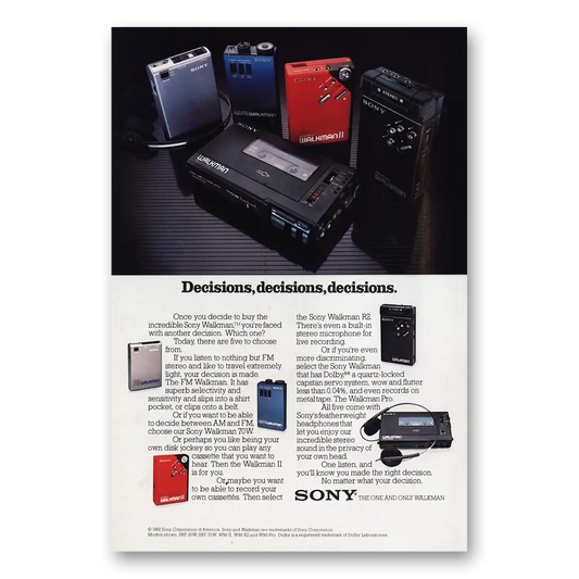 1982 Sony Walkman Decisions Decisions Vintage Magazine Print Ad