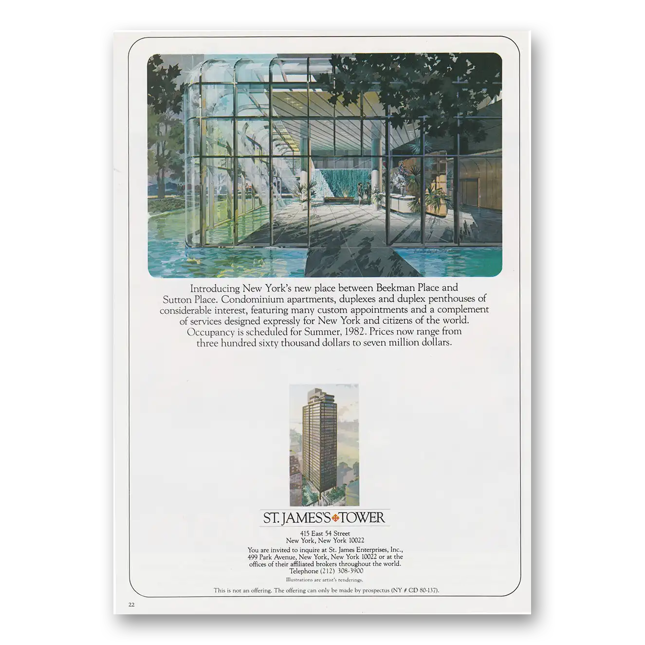 1982 St James Tower New York Beckman Place and Sutton Place Vintage Magazine Print Ad