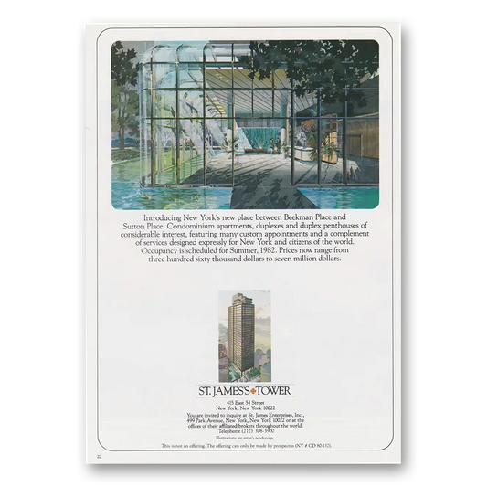 1982 St James Tower New York Beckman Place and Sutton Place Vintage Magazine Print Ad