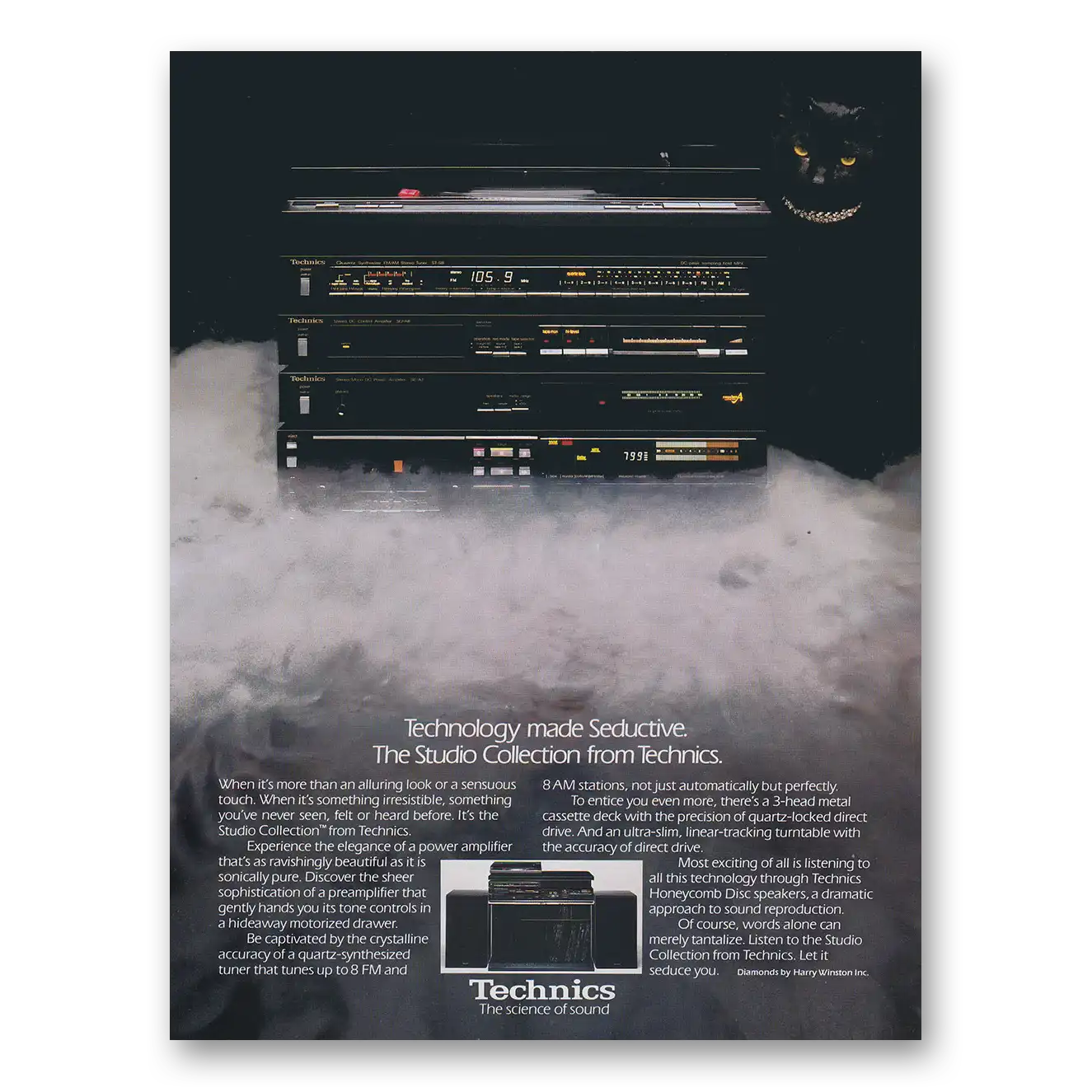 1982 Technics Studio Collection Technology Made Seductive Black Cat Vintage Magazine Print Ad