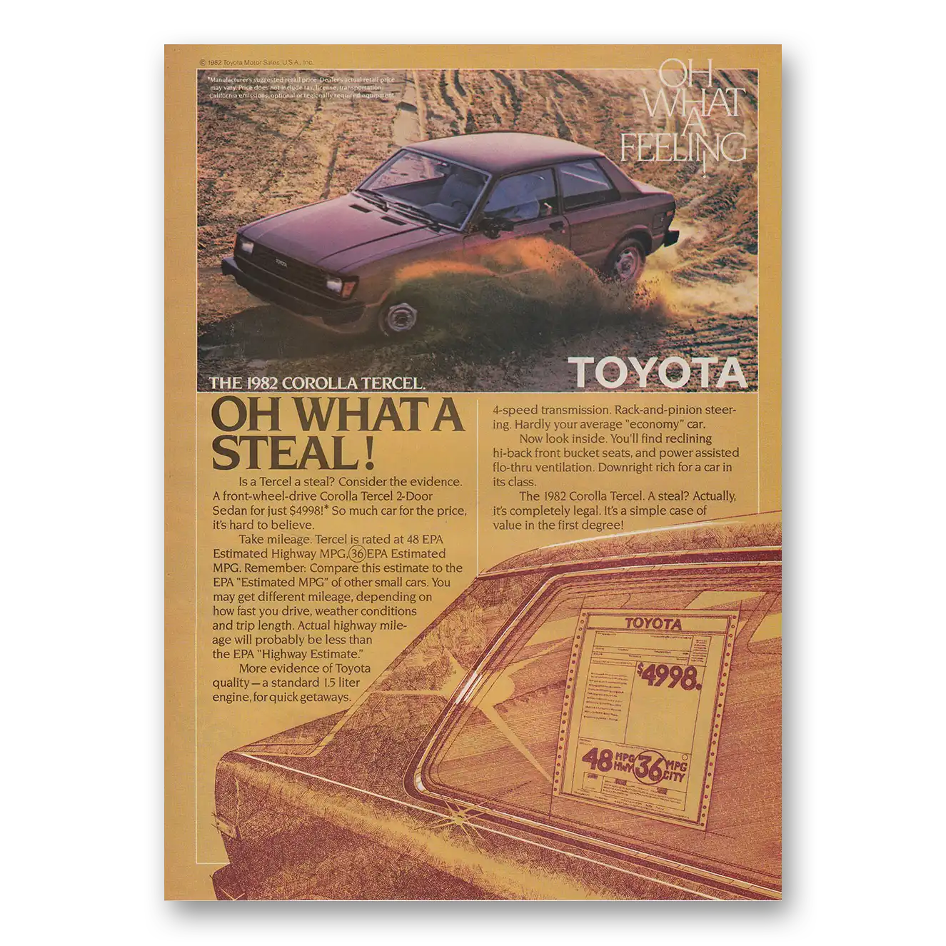 1982 Toyota Tercel Oh What a Steal Vintage Magazine Print Ad