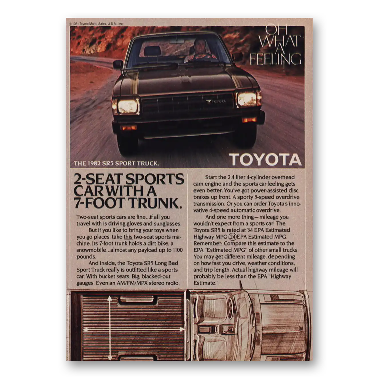 1982 Toyota SR5 Sport Truck Seat Sports Car 7 Foot Trunk Vintage Magazine Print Ad