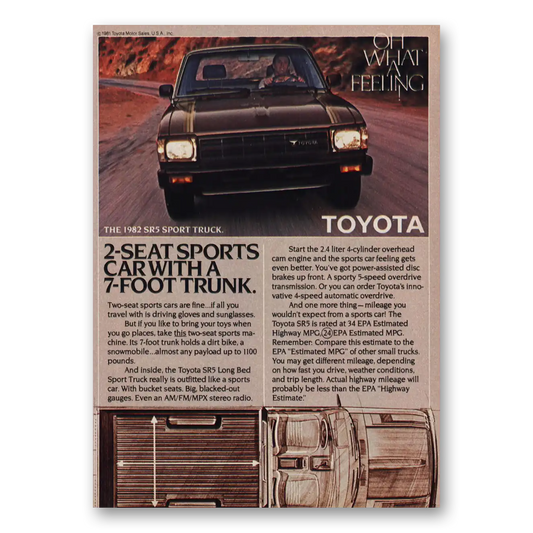 1982 Toyota SR5 Sport Truck Seat Sports Car 7 Foot Trunk Vintage Magazine Print Ad