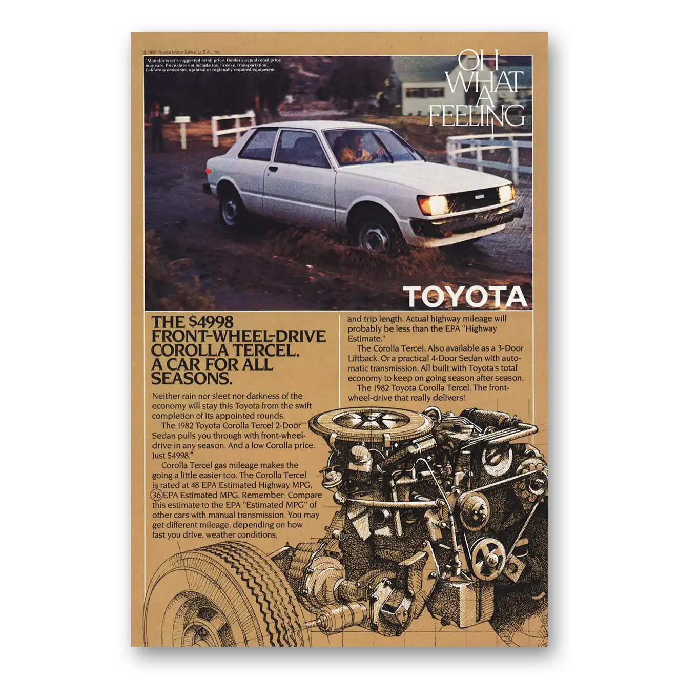 1982 Toyota Tercel Front Wheel Drive Car for All Seasons Vintage Magazine Print Ad