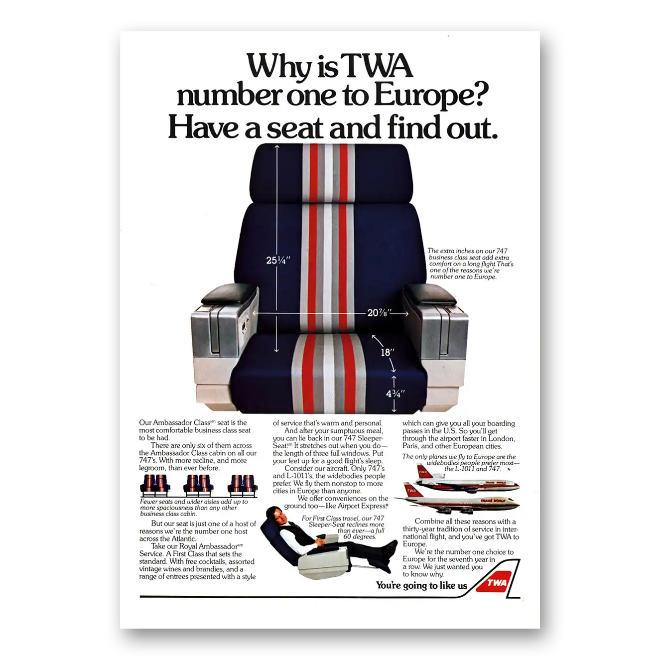 1982 TWA Airlines Number One to Europe Have a Seat and Find Out Vintage Magazine Print Ad