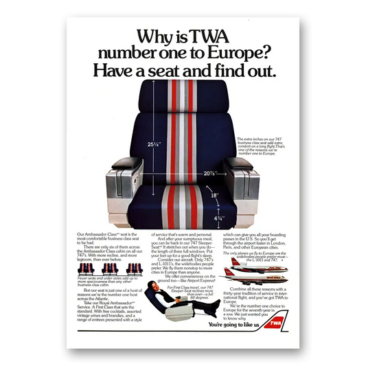 1982 TWA Airlines Number One to Europe Have a Seat and Find Out Vintage Magazine Print Ad