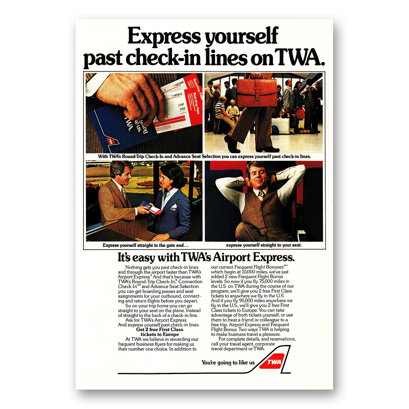 1982 TWA Airlines Express Yourself Past Check In Lines Vintage Magazine Print Ad