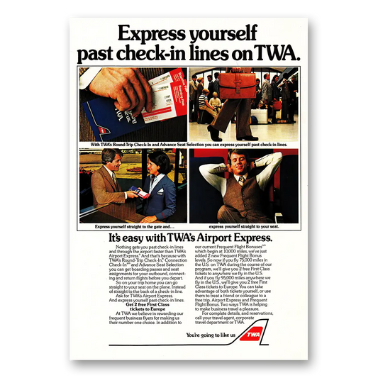 1982 TWA Airlines Express Yourself Past Check In Lines Vintage Magazine Print Ad