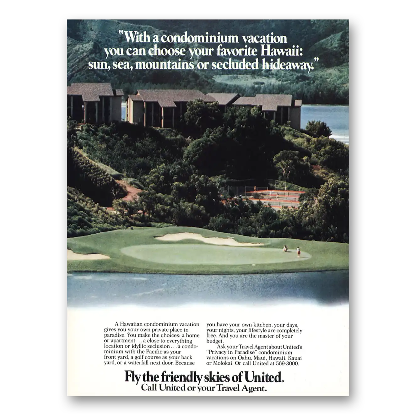 1982 United Airlines Condominium Vacation Vintage Magazine Print Ad