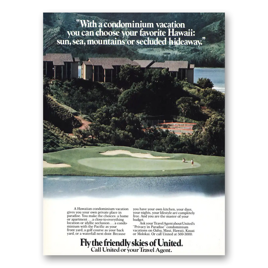 1982 United Airlines Condominium Vacation Vintage Magazine Print Ad