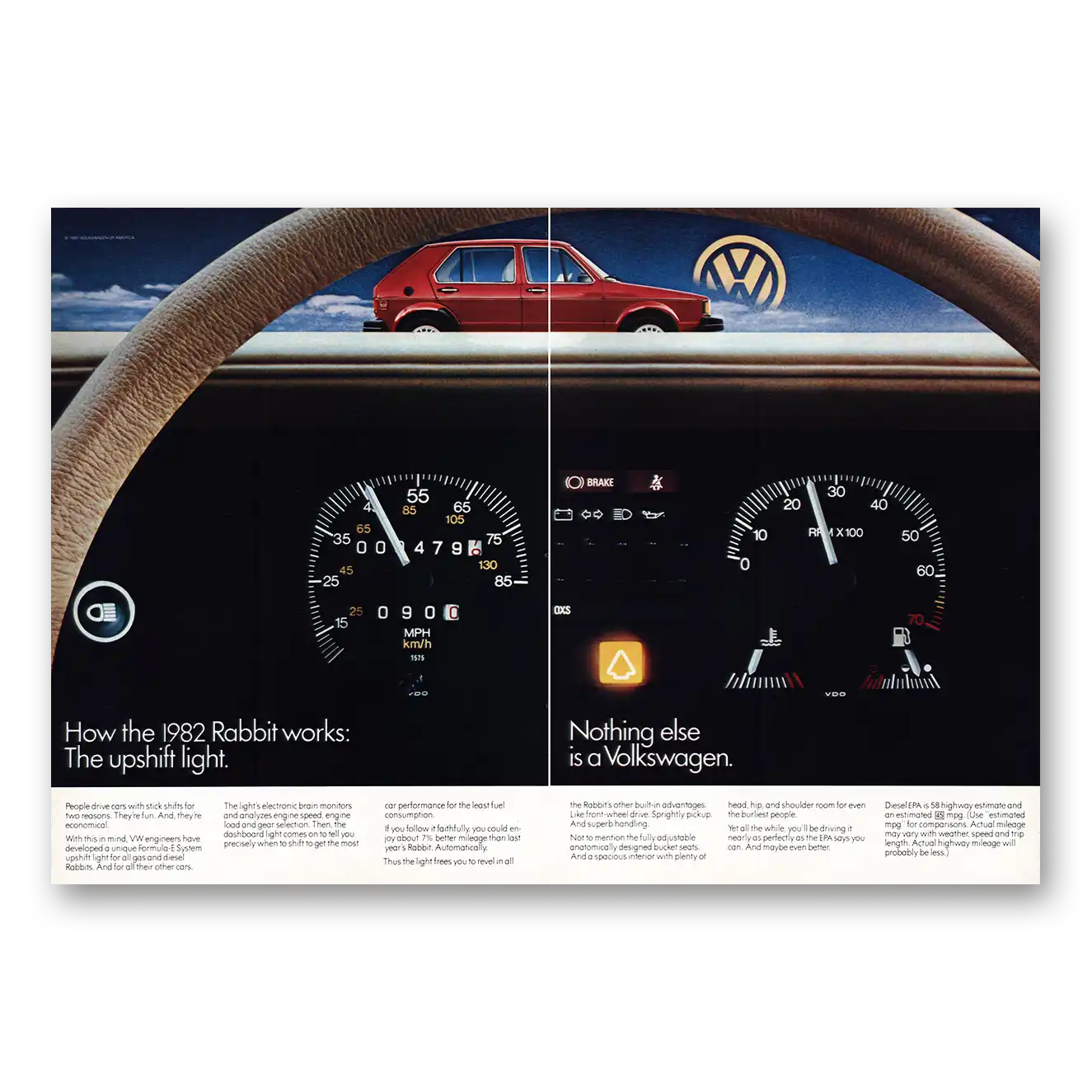 1982 Volkswagen Rabbit Upshift Light Vintage Magazine Print Ad