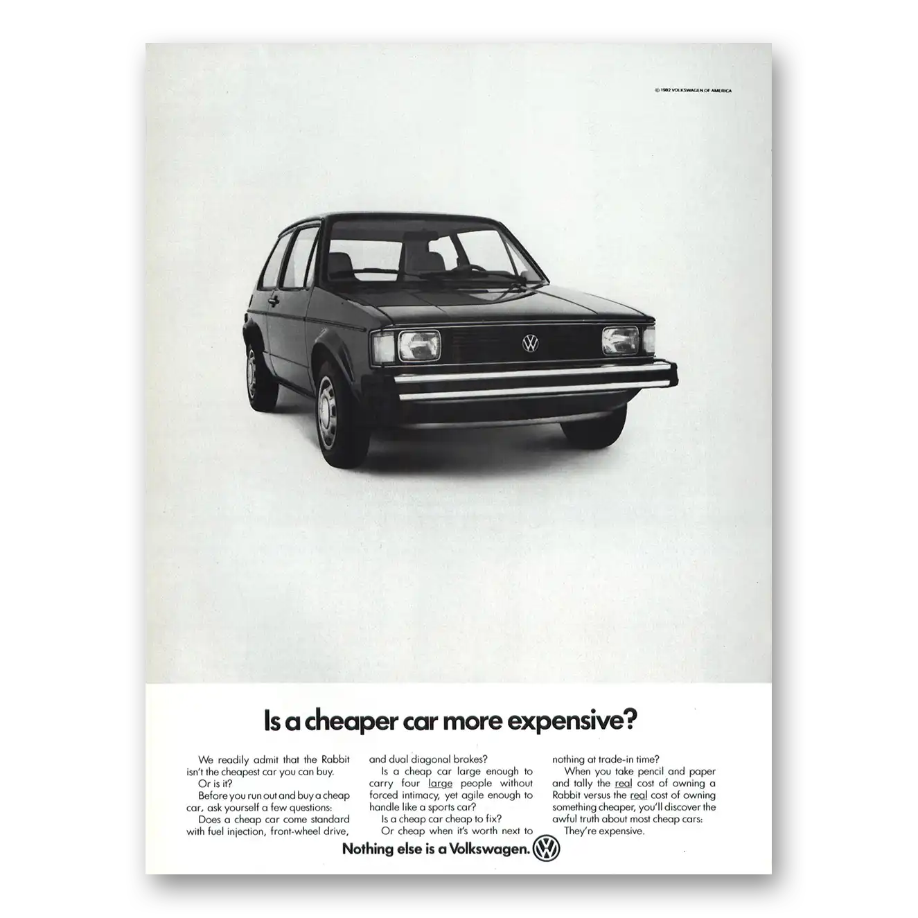 1982 Volkswagen Rabbit Cheaper Car More Expensive Vintage Magazine Print Ad