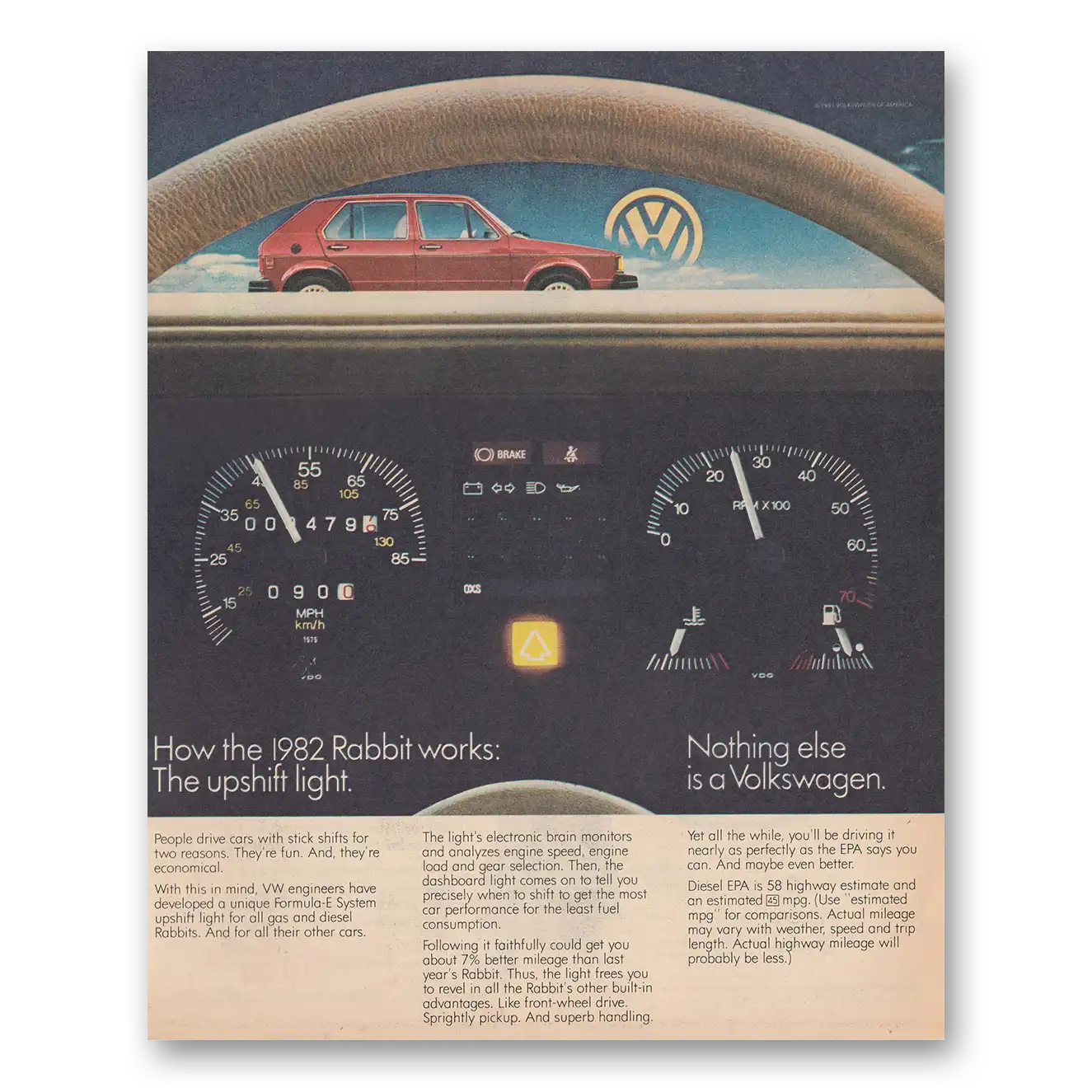 1982 Volkswagen Rabbit Upshift Light Vintage Magazine Print Ad