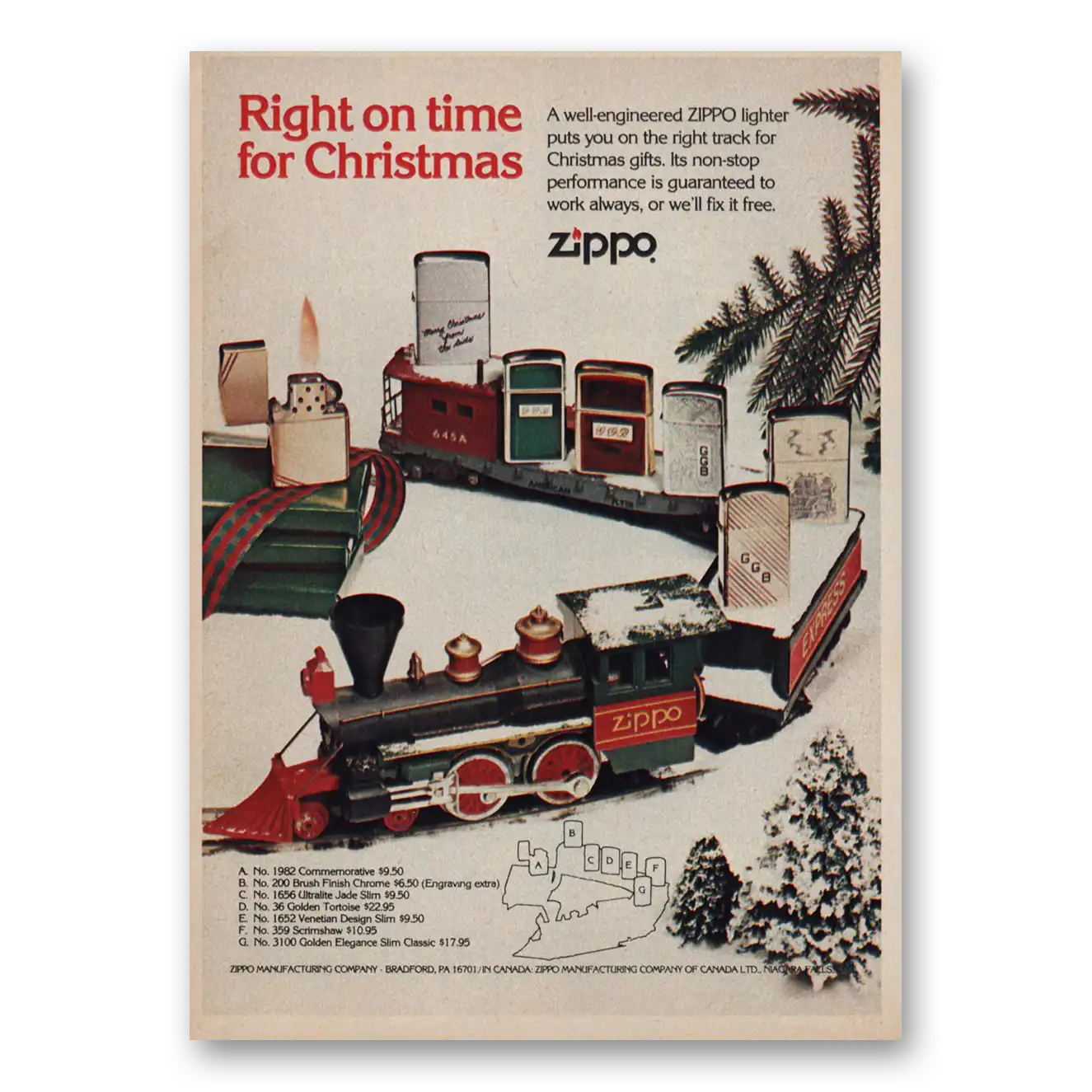 1982 Zippo Lighter Right On Time for Christmas Vintage Magazine Print Ad