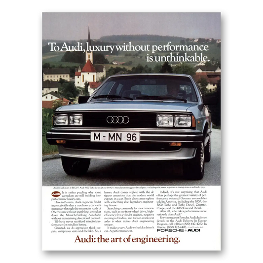 1982 Audi Luxury Without Performance Unthinkable Vintage Magazine Print Ad