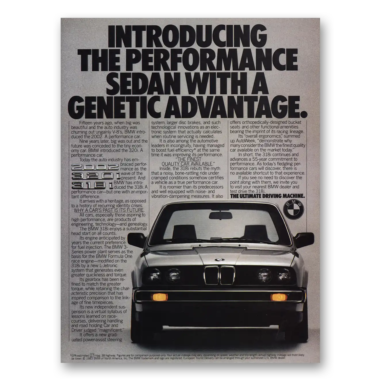 1984 BMW 3 Series Performance Sedan Genetic Advantage Vintage Magazine Print Ad