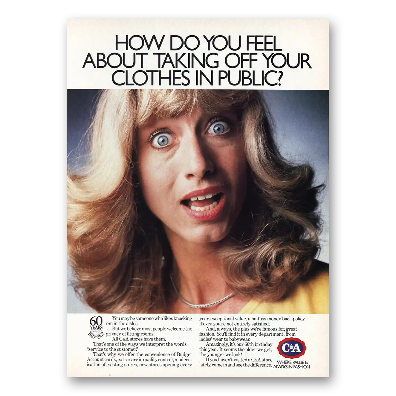 1983 C&A Stores Taking Off Clothes In Public Vintage Magazine Print Ad