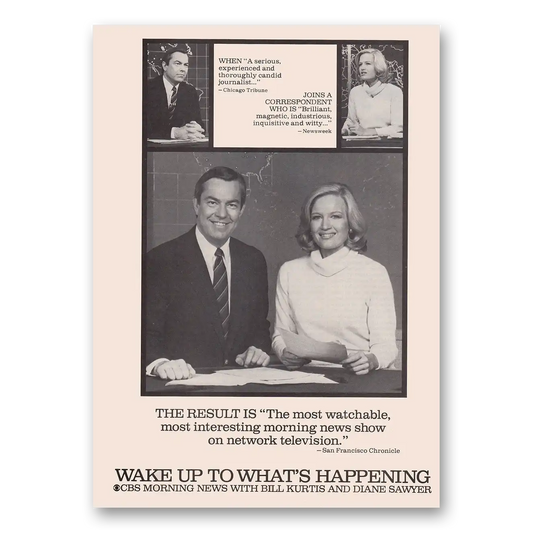 1983 CBS Morning News Promo Bill Kurtis and Diane Sawyer Vintage Magazine Print Ad