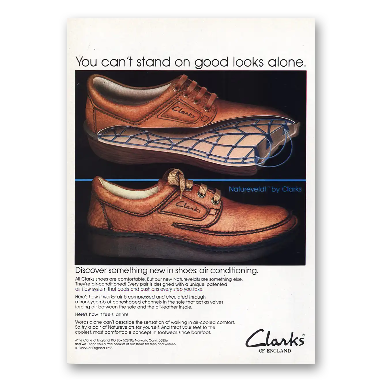 1983 Clarks Shoes Cant Stand On Good Looks Alone Vintage Magazine Print Ad