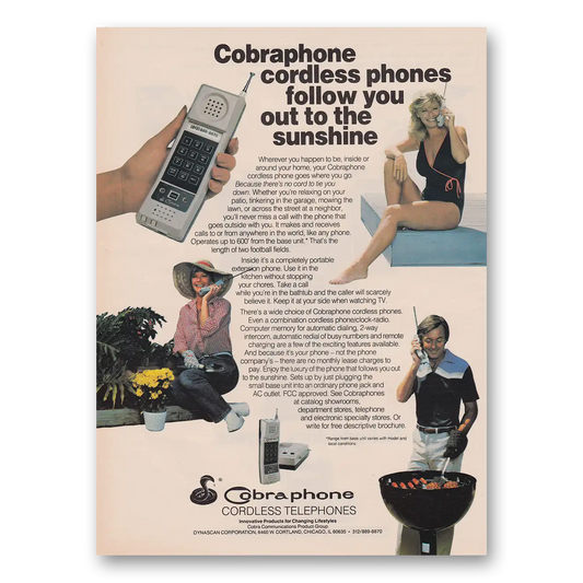 1983 Cobraphone Cordless Phones Follow You Out to the Sunshine Vintage Magazine Print Ad