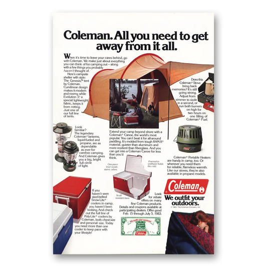 1983 Coleman Tent Get Away From It All` Vintage Magazine Print Ad