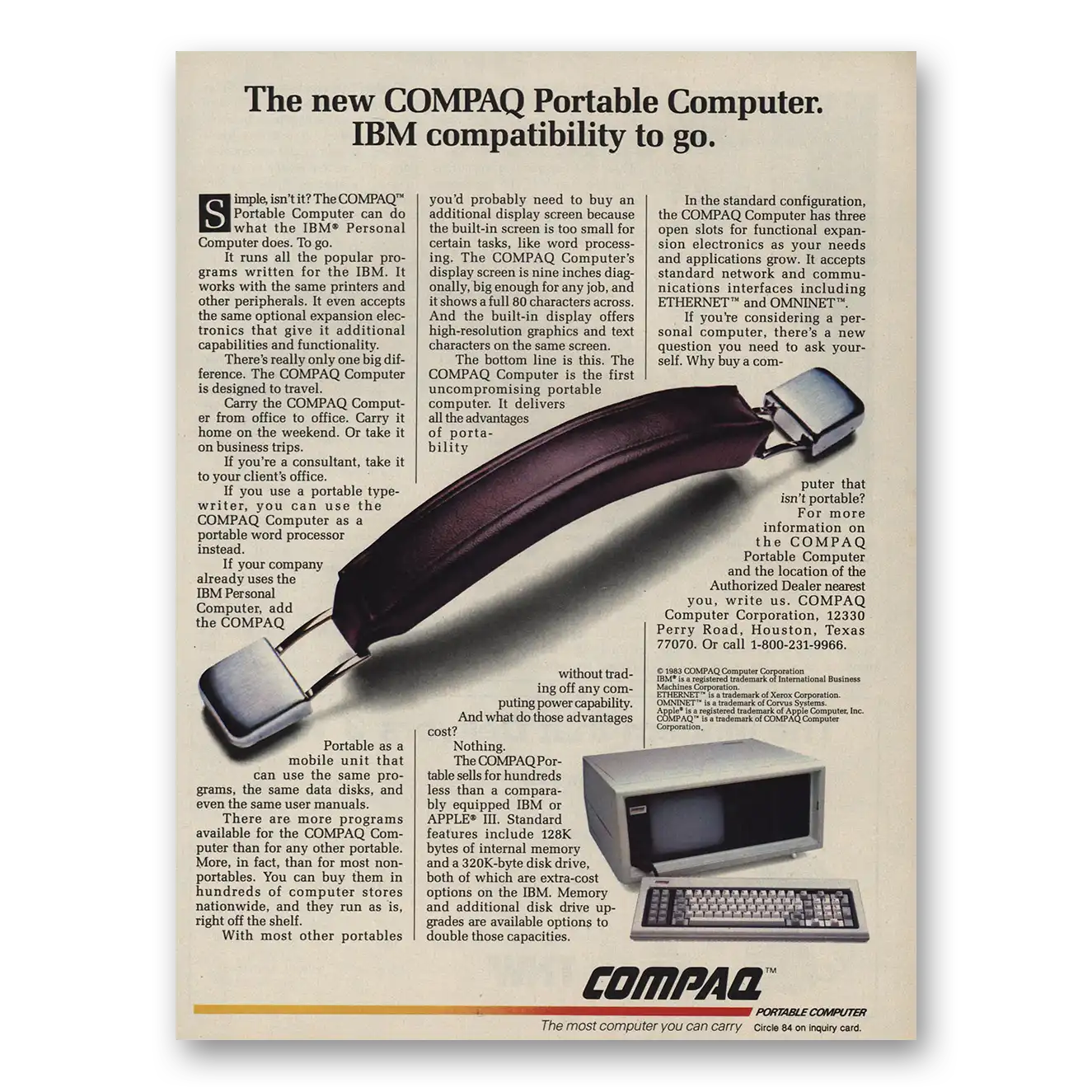 1983 Compaq Computer Portable Computer IBM Compatibility To Go Vintage Magazine Print Ad