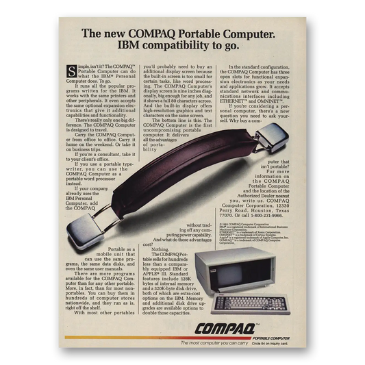 1983 Compaq Computer Portable Computer IBM Compatibility To Go Vintage Magazine Print Ad