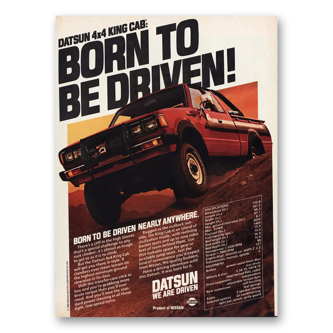 1983 Datsun King Cab Born To Be Driven Vintage Magazine Print Ad