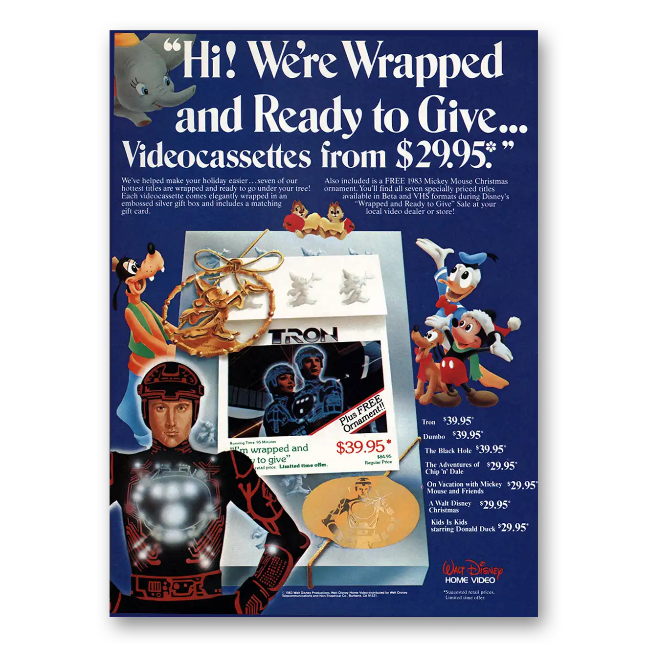 1983 Walt Disney Home Video Wrapped and Ready to Give Vintage Magazine Print Ad