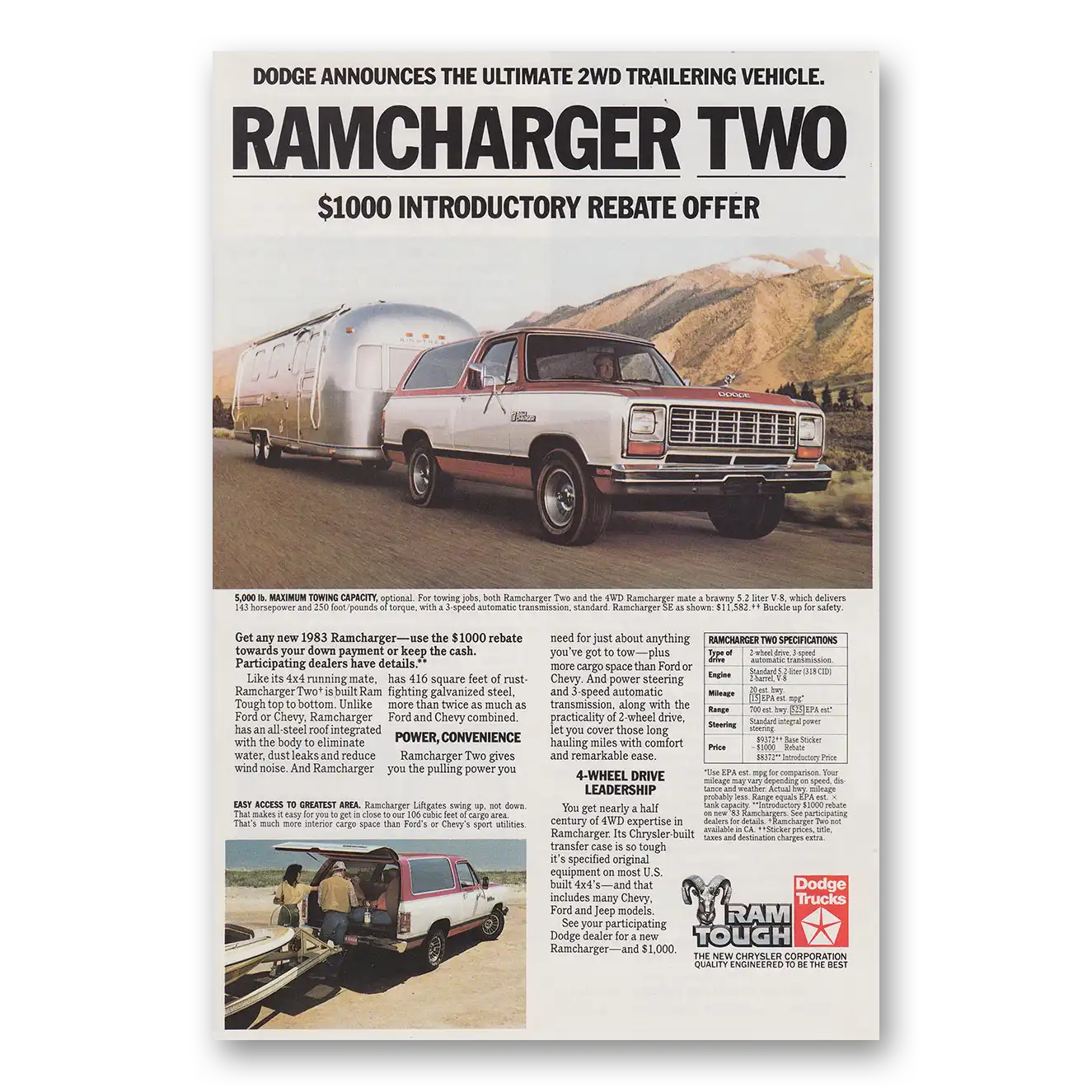 1983 Dodge Ramcharger Ultimate 2WD Trailering Airstream Vintage Magazine Print Ad