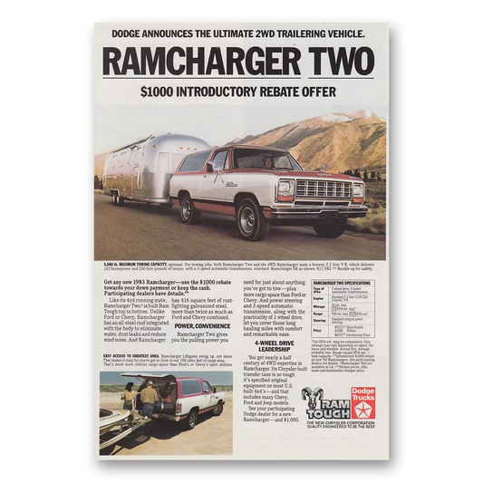 1983 Dodge Ramcharger Ultimate 2WD Trailering Airstream Vintage Magazine Print Ad