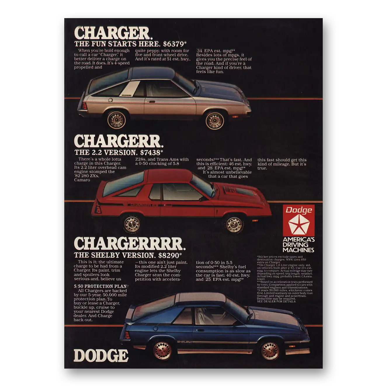 1983 Dodge Charger Fun Starts Here Vintage Magazine Print Ad