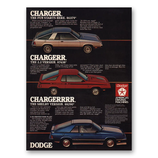 1983 Dodge Charger Fun Starts Here Vintage Magazine Print Ad