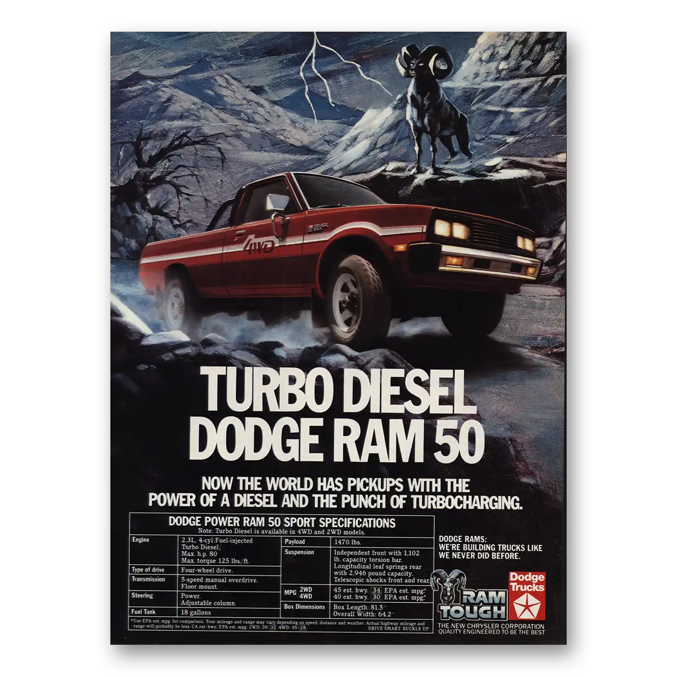 1983 Dodge Ram Turbo Diesel Vintage Magazine Print Ad