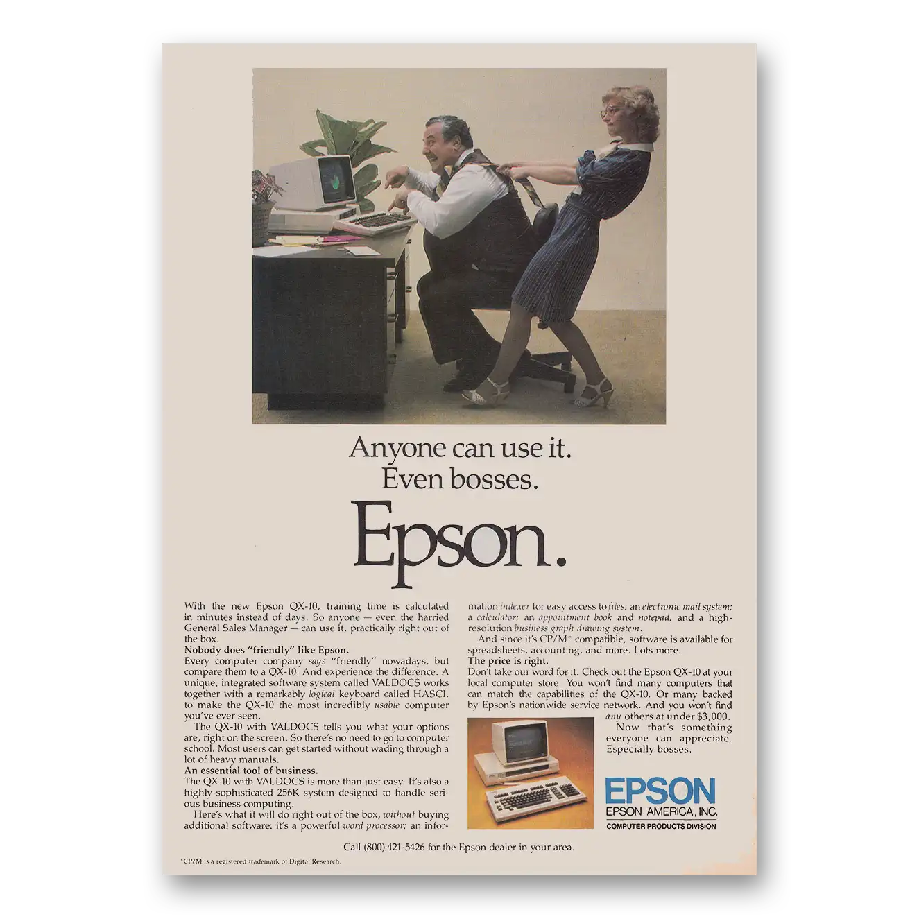 1983 Epson Computer Anyone Can Use It Even Bosses Vintage Magazine Print Ad