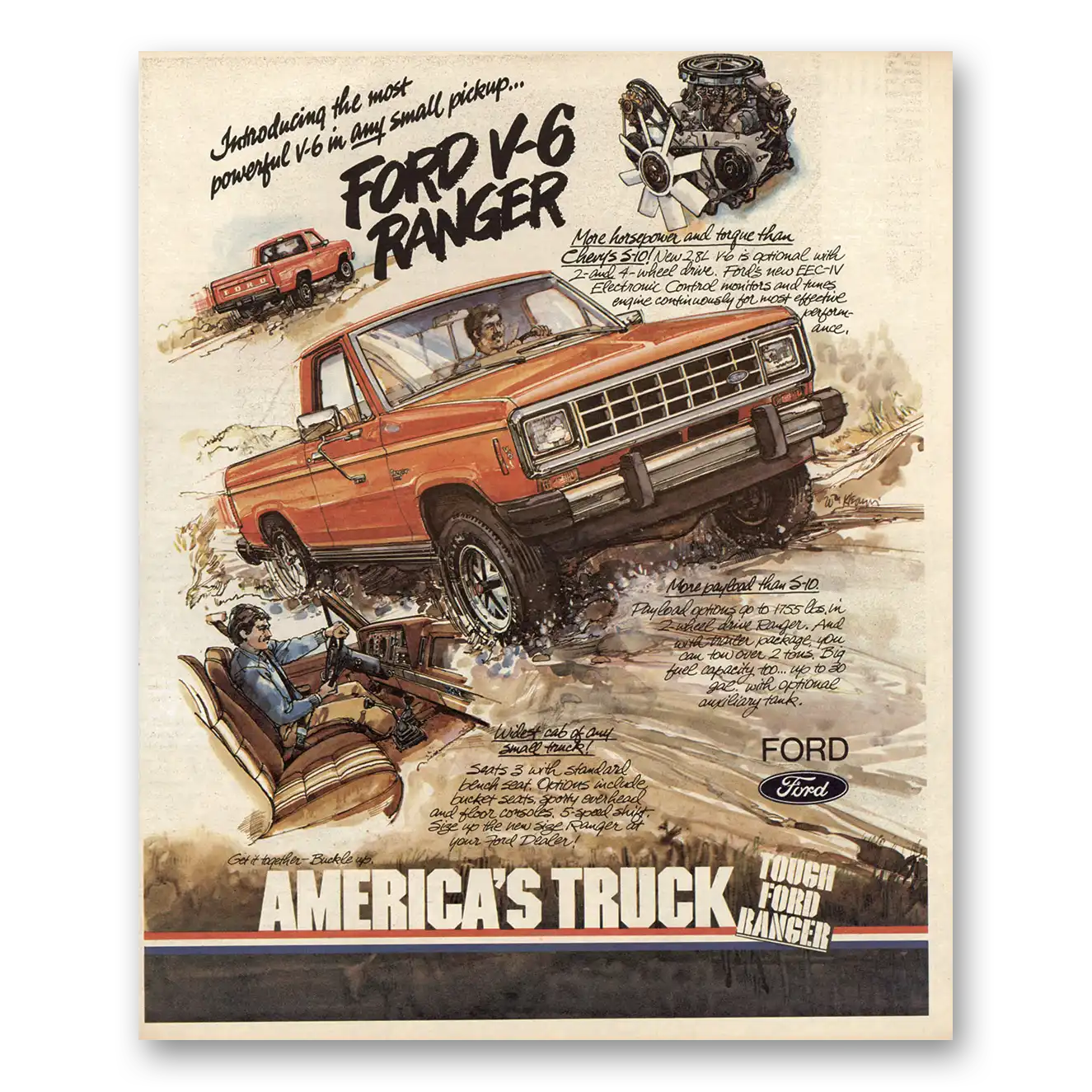 1983 Ford Ranger Most Powerful V6 Vintage Magazine Print Ad