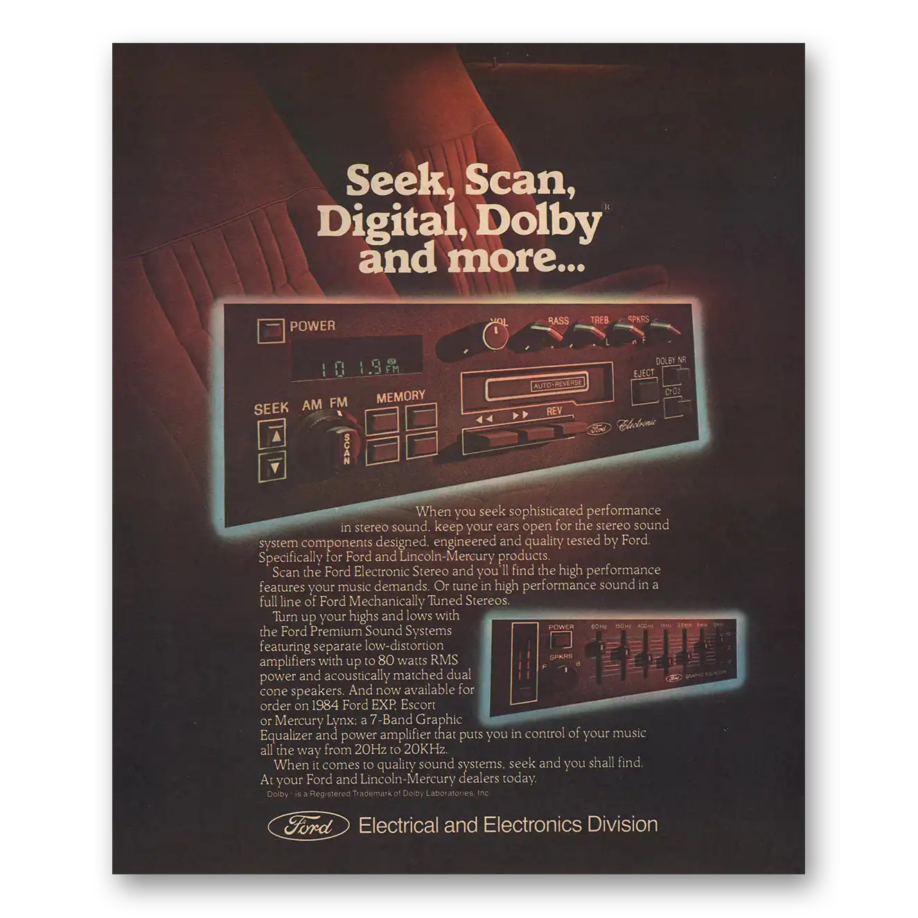 1983 Ford Electronic Stereo Seek Scan Digital Dolby Vintage Magazine Print Ad