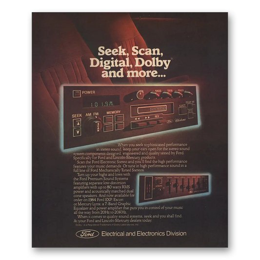 1983 Ford Electronic Stereo Seek Scan Digital Dolby Vintage Magazine Print Ad