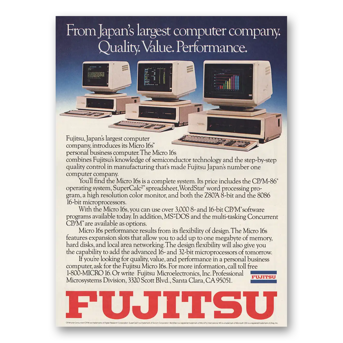 1983 Fujitsu Computers Micro 16 Japans Largest Computer Company Vintage Magazine Print Ad