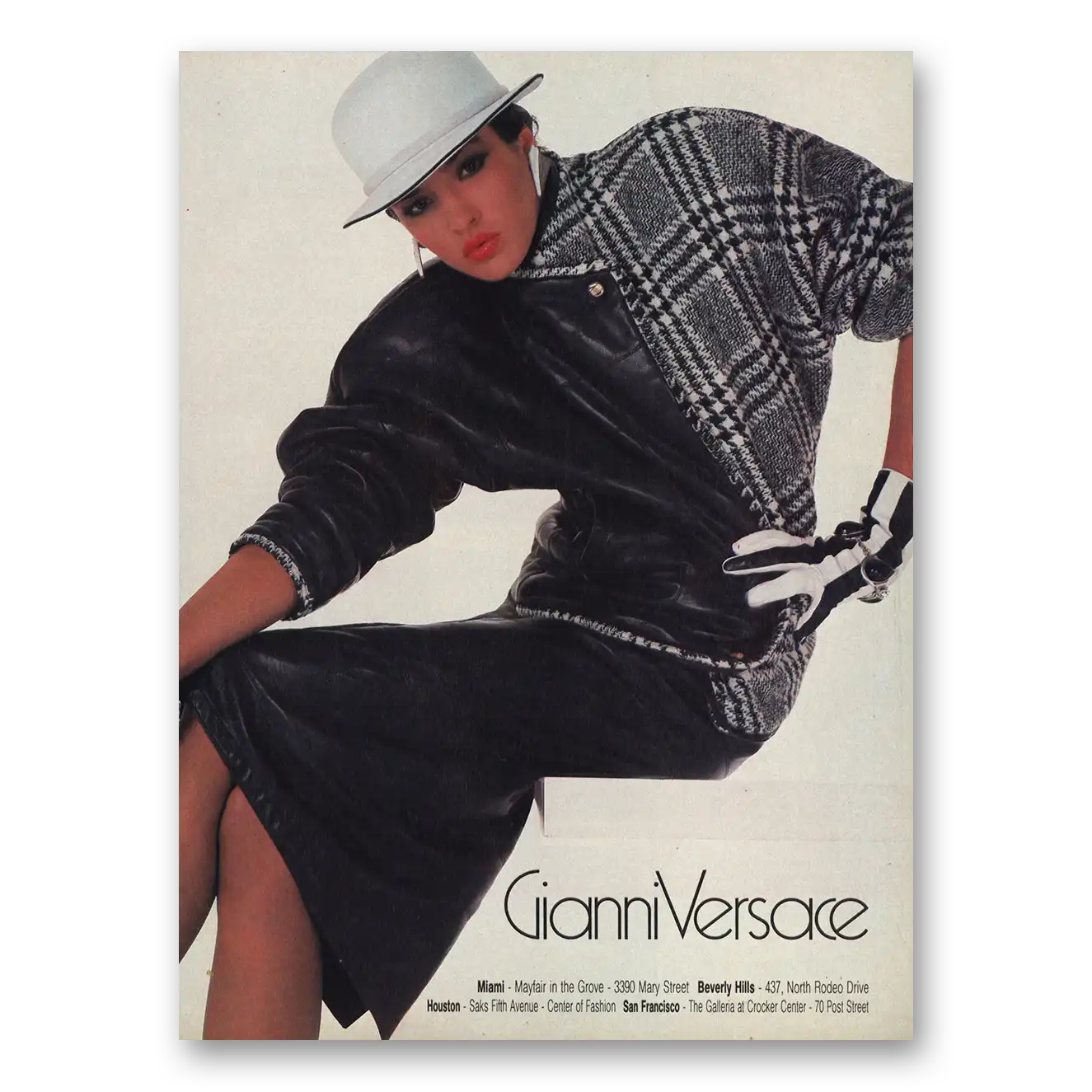 1983 Gianni Versace Black White Jacket Skirt Hat Vintage Magazine Print Ad