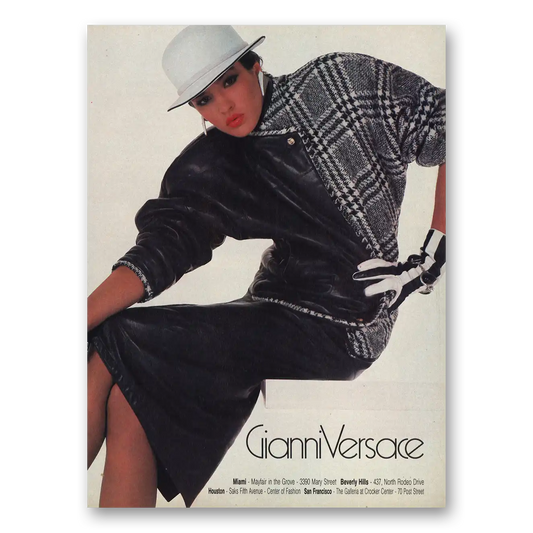 1983 Gianni Versace Black White Jacket Skirt Hat Vintage Magazine Print Ad