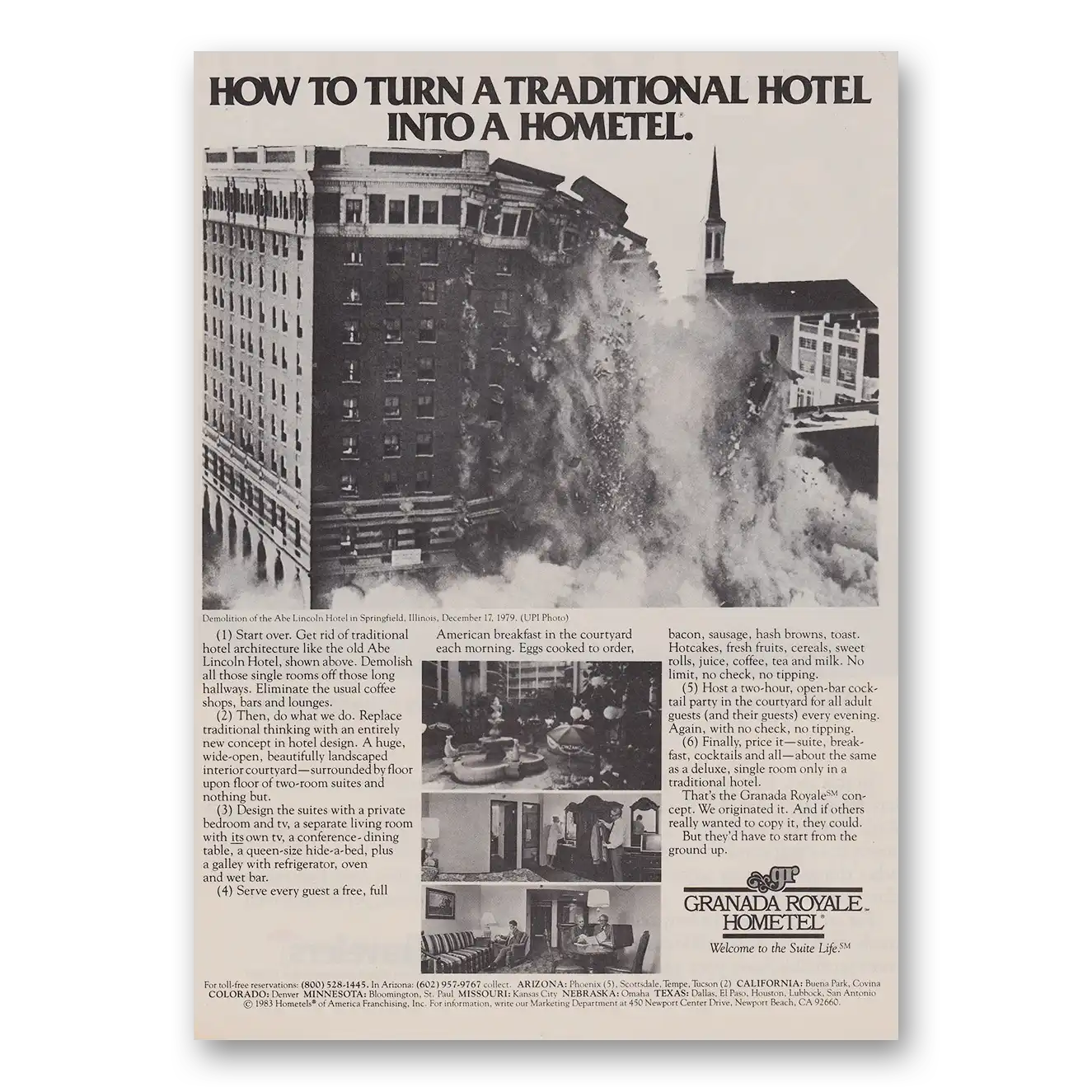 1983 Granada Royale Hometel Demolition of Abe Lincoln Hotel in Springfield Illinois Vintage Magazine Print Ad