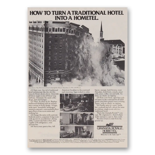 1983 Granada Royale Hometel Demolition of Abe Lincoln Hotel in Springfield Illinois Vintage Magazine Print Ad