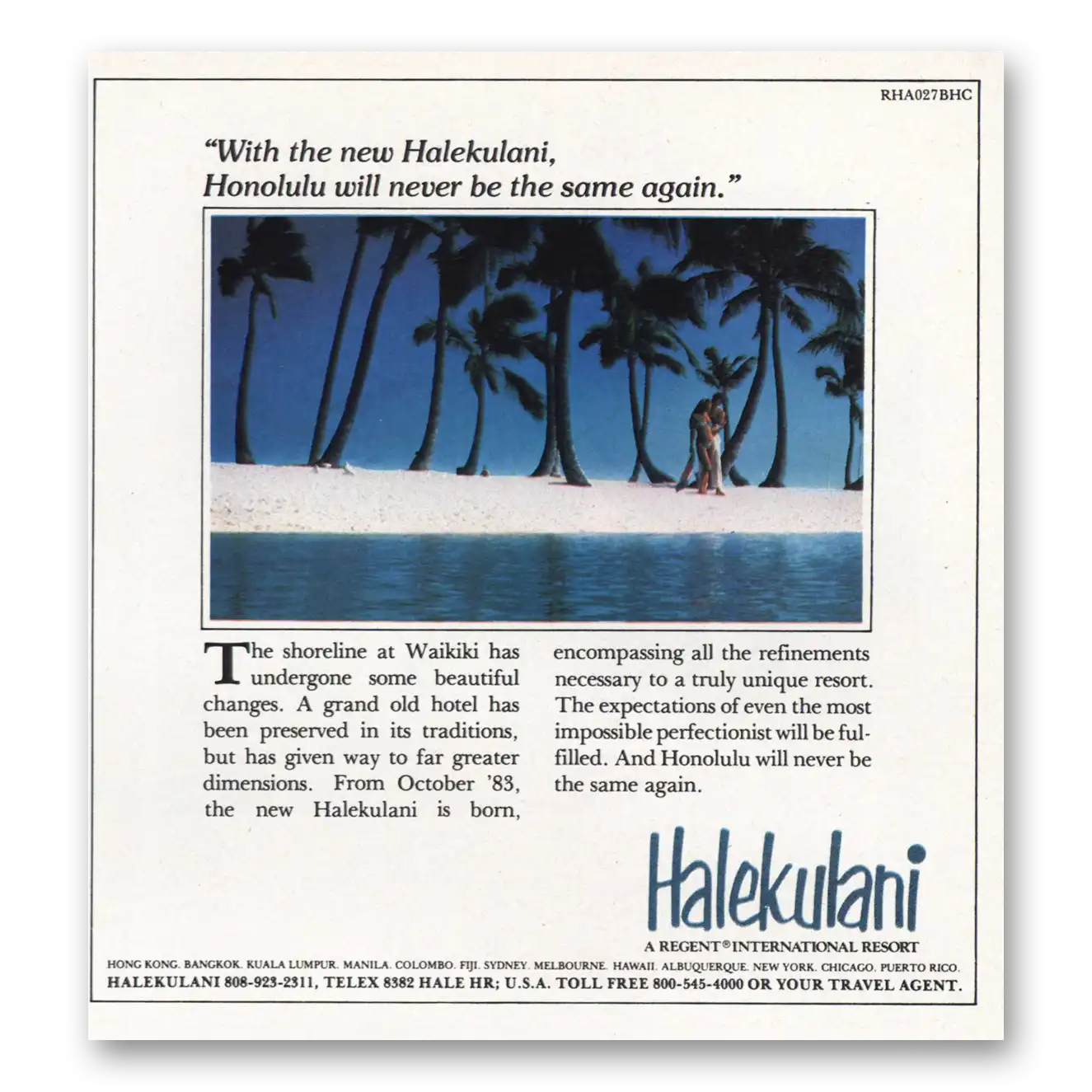 1983 Halekulani Hotel Honolulu Will Never Be the Same Again Vintage Magazine Print Ad