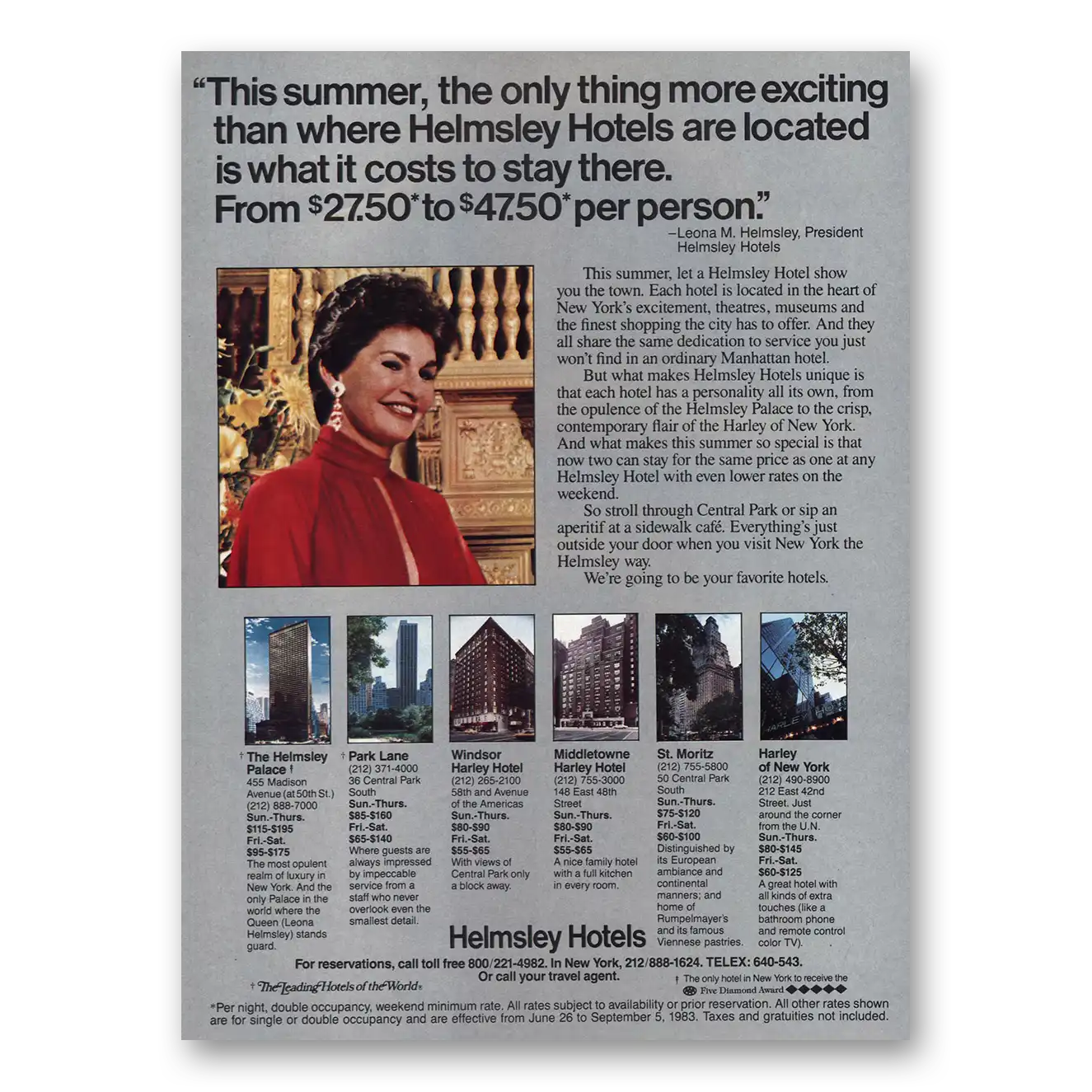 1983 Helmsley Hotels What It Costs To Stay There Vintage Magazine Print Ad