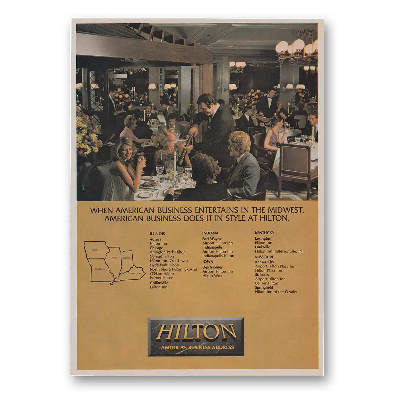 1983 Hilton Hotels American Business Entertains in the Midwest Vintage Magazine Print Ad