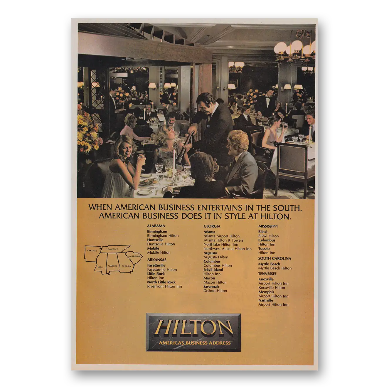 1983 Hilton Hotels Entertains in the South Vintage Magazine Print Ad